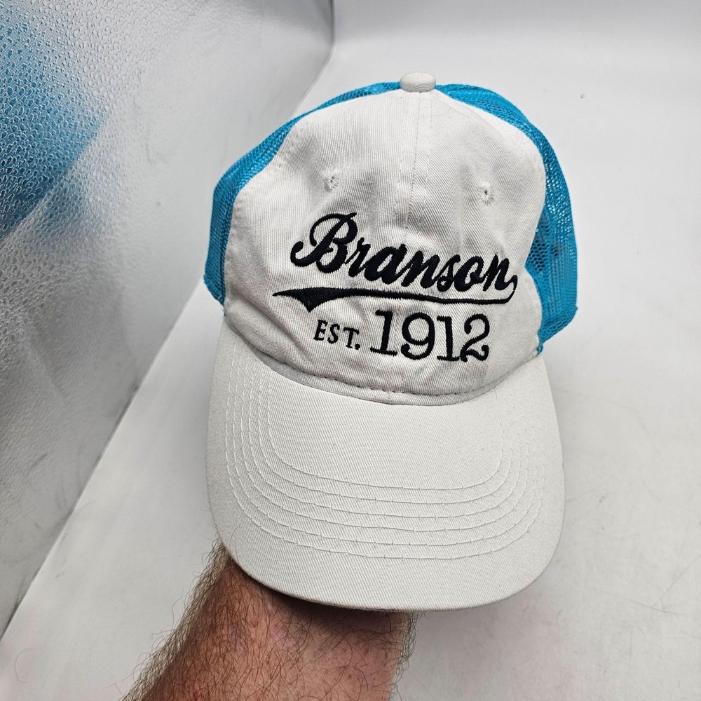 Branson Hat Cap Strap Back Mens One Size White Blue Trucker Mesh Outdoor Cap